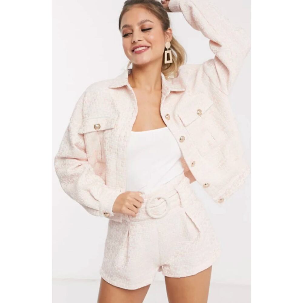 NWT Saint Genies 2 piece Boucle Gold Button Trucker Jacket & shorts Pink Fleck